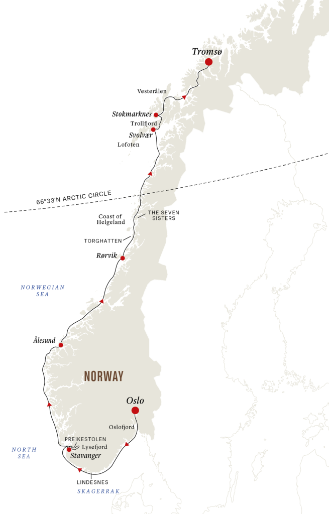 Route map for 7D6N : The North Cape Line – North