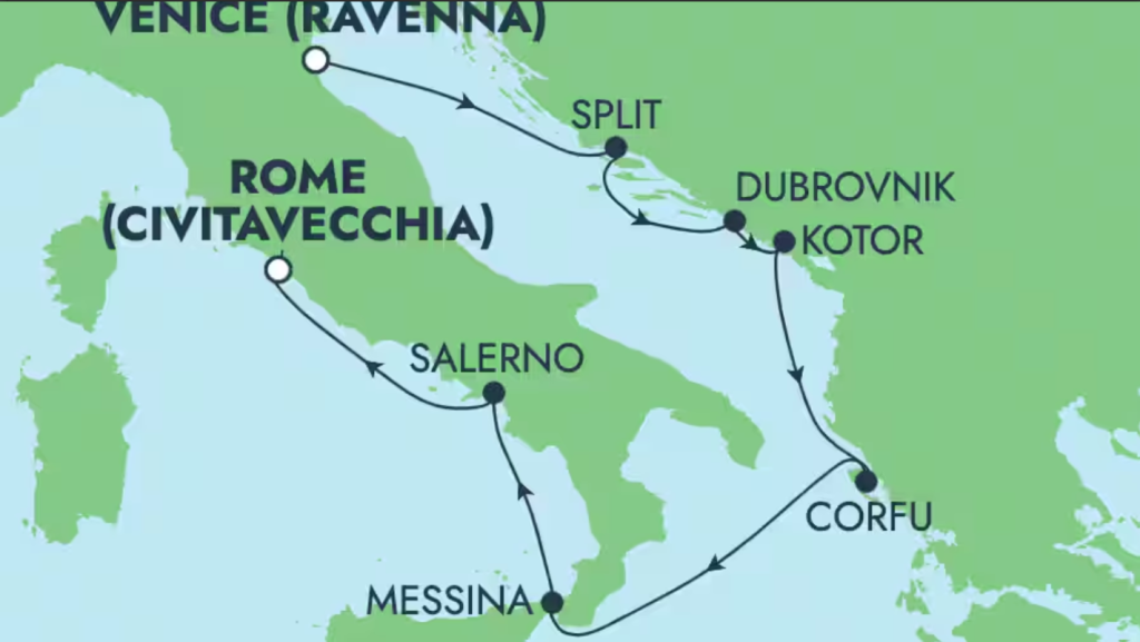 Route map for 8D/7N Greek Isles Italy, Greece & Croatia From Venice (Ravenna), Italy