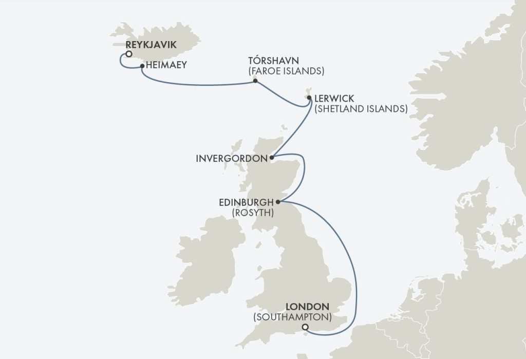 Route map for 9D8N London (Southampton) – Reykjavik (ROYAL ROUTES)