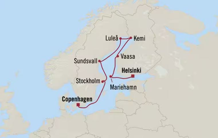 Route map for 13D12N Helsinki to Copenhagen (Nordic Illumination)