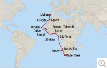 Route map for 25D24N Cape Town to Lisbon (West African Gems)