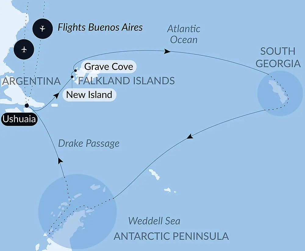Route map for 19D18N : Antarctica Great Austral Loop & South Georgia