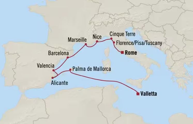 Route map for 11D10N Rome to Valletta (Coastal Mediterranean Gems)