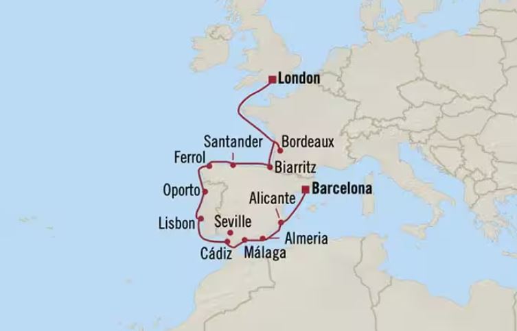 Route map for 11D10N London to Barcelona (Eclipse Over Lisbon)