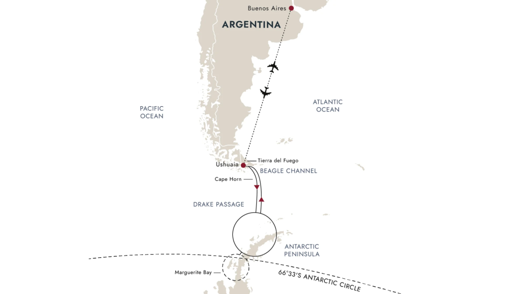 Route map for 18D17N Antarctic Circle Expedition