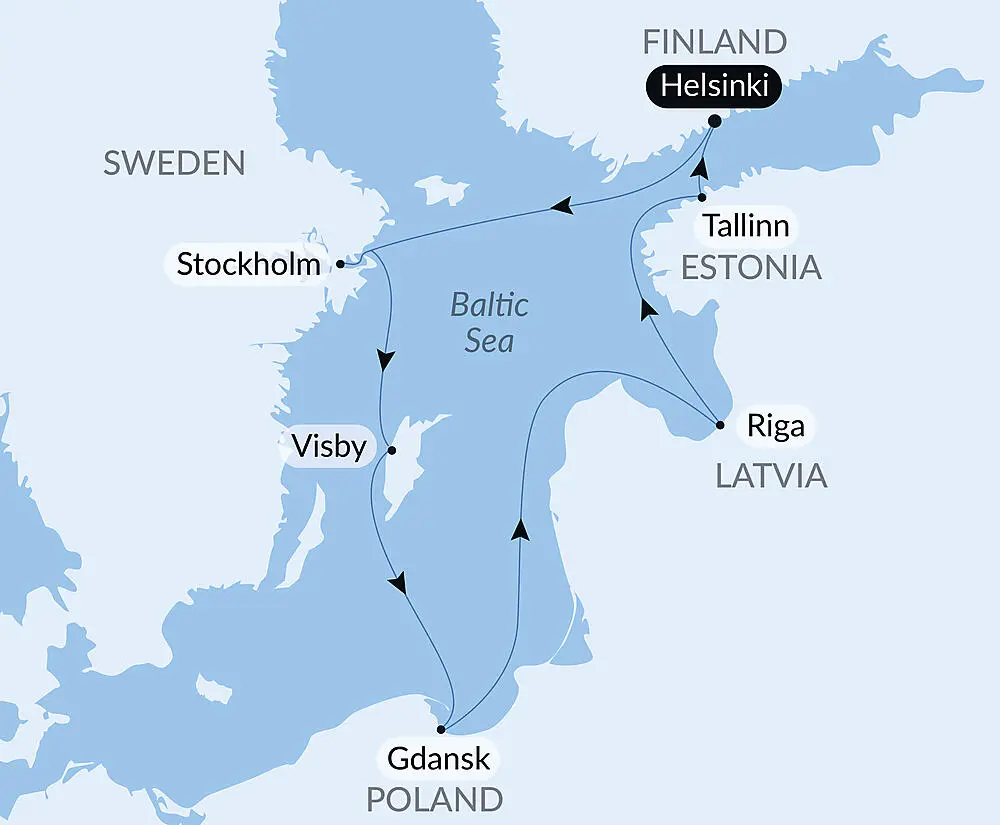 Route map for 10D9N : Baltic Bliss & Winter Wonders