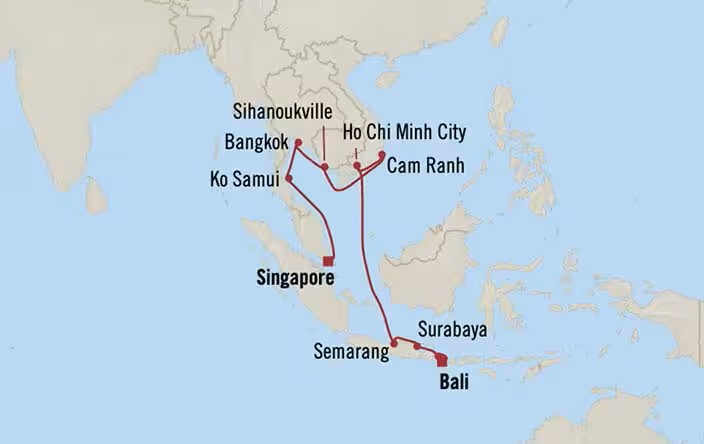 Route map for 17D16N Bali – Singapore (Southeast Asia Tradewinds)