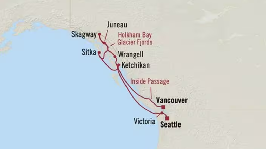 Route map for 11D10N Vancouver to Seattle (Gold Rush & Glaciers)