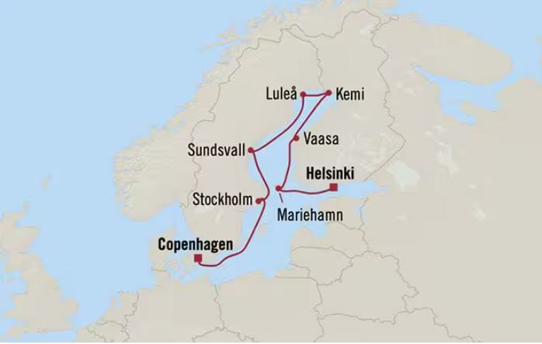 Route map for 13D12N Copenhagen to Reykjavik (Fjords, Faroe & Iceland)