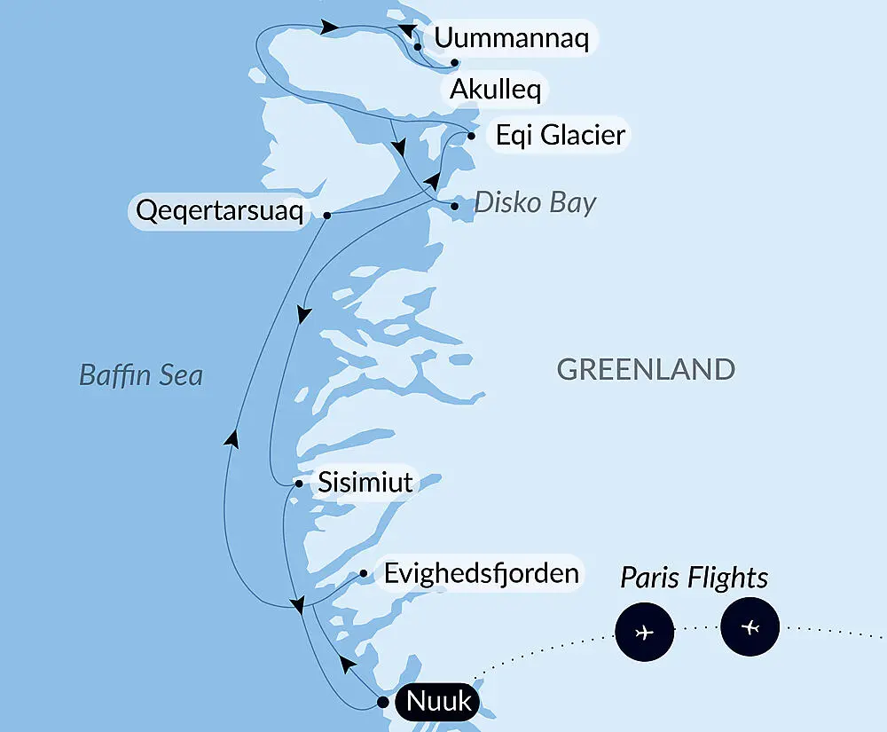Route map for 8D7N: Disko Bay and Inuit villages