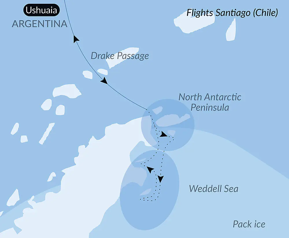Route map for 14D13N : Emperor Penguins of The Weddell Sea