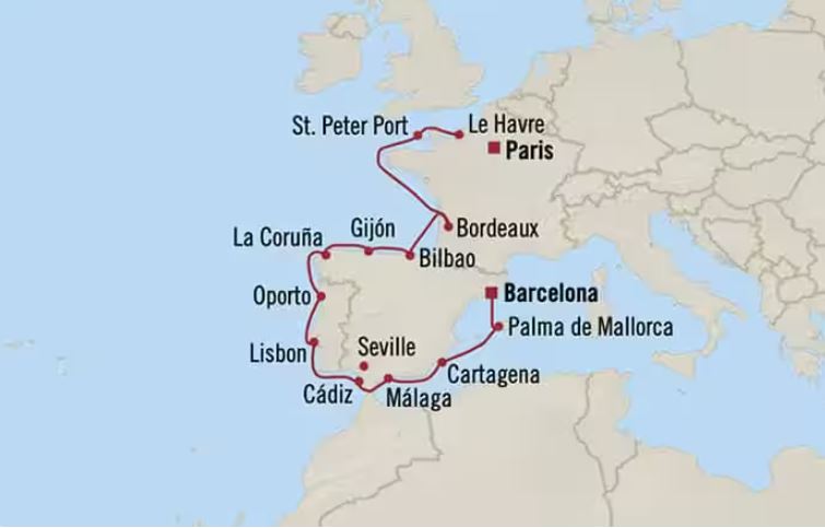 Route map for 15D14N Paris to Barcelona (Riches of France & Iberia)