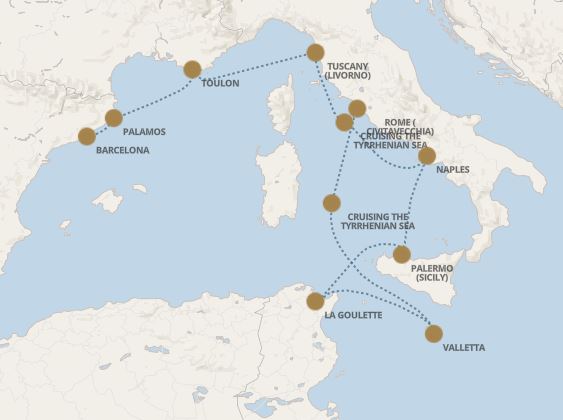 Route map for 11D10N ROME (CIVITAVECCHIA) – BARCELONA