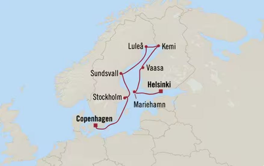 Route map for 13D12N Helsinki to Copenhagen (Nordic Illumination)