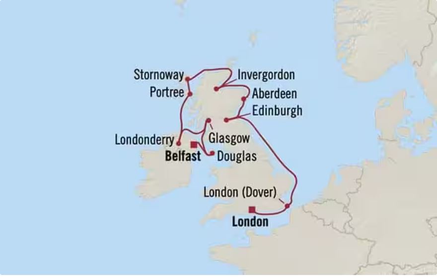Route map for 12D11N London to Belfast (Discovering Scotland)