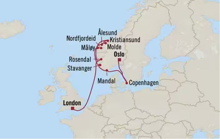 Route map for 15D14N London – Oslo (Fjords of Norway)