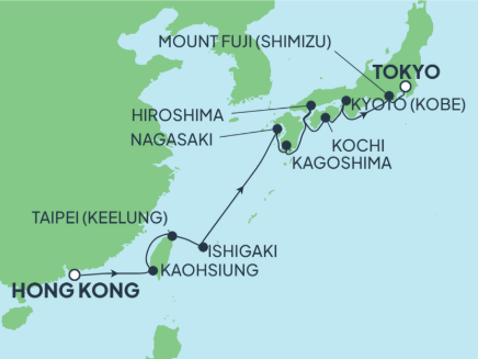 Route map for 10D09N ASIA: Taipei, Osaka, Kochi & Okinawa