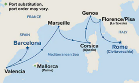 Route map for 8D7N Mediterranean with Italy