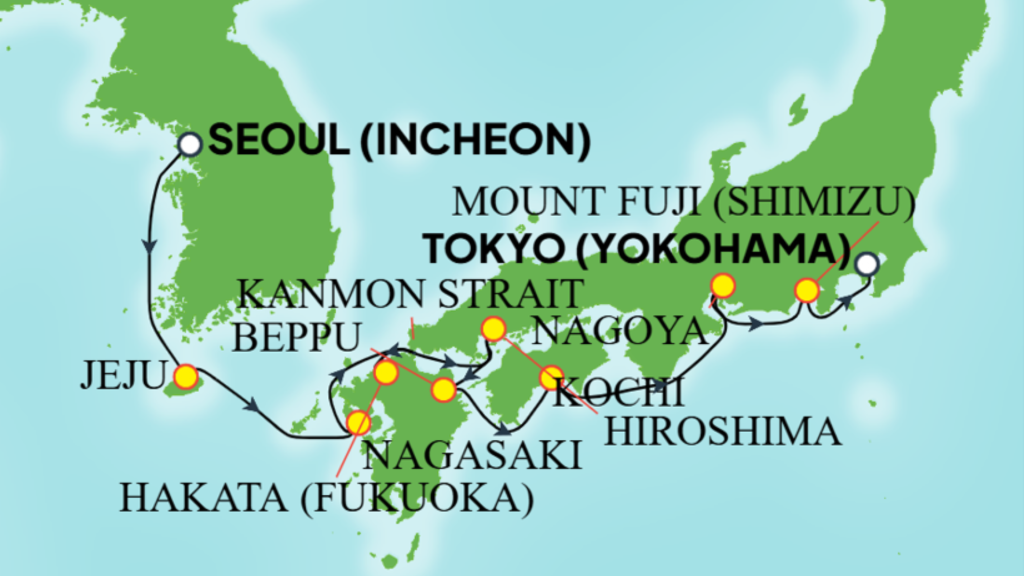 Route map for 10D09N ASIA: Kochi, Jeju & Nagoya