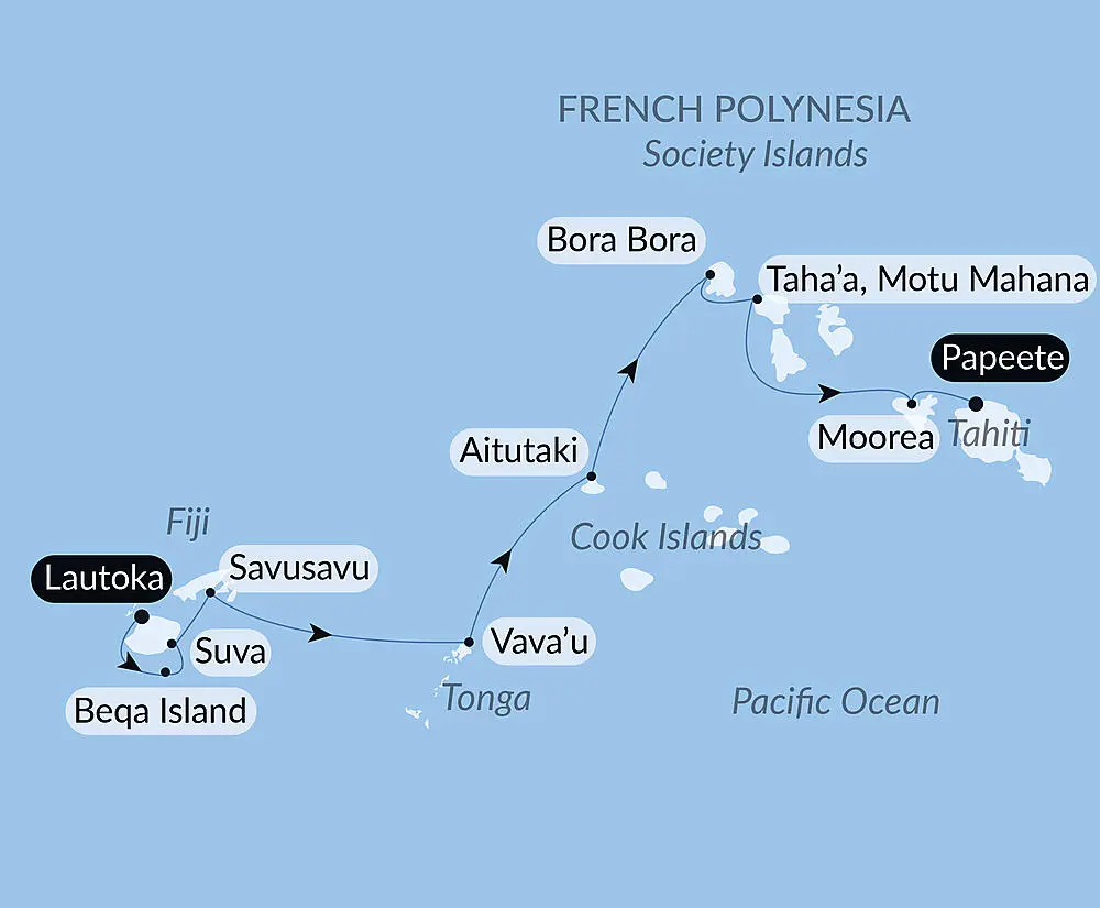 Route map for 14D13N Fiji, Tonga, Cook Islands and Society Islands (Lautoka, Viti Levu Island – Papeete, Tahiti Island)
