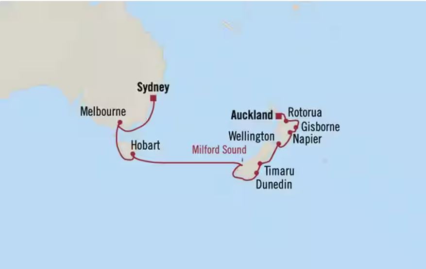 Route map for 15D14N Auckland – Sydney (New Zealand & Australia Tales)