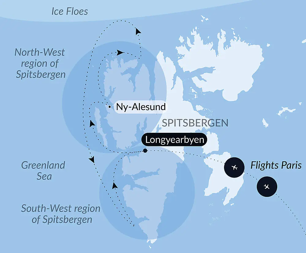 Route map for 8D7N Arctic Svalbard/Spitsbergen Fjords & glaciers