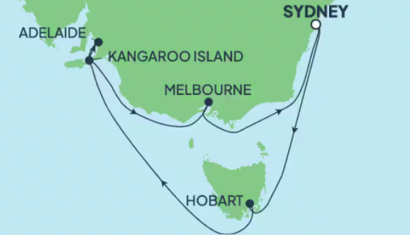 Route map for 12D11N  Australia: Melbourne, Adelaide & Kangaroo Island from Sydney, Australia
