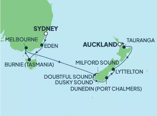 Route map for 12D11N  Australia & New Zealand: Melbourne, Milford Sound & Eden from Sydney, Australia