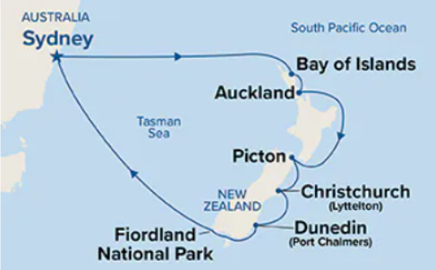 Route map for 13D12N-New Zealand Roundtrip from Sydney, Australia