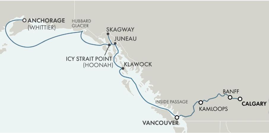 Route map for 14D Regent Alaska cruise + Rocky Mountaineer Canadian Rockies (Calgary – Vancouver – Whittier (Anchorage)
