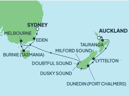 Route map for 12D11N  Australia & New Zealand: Dusky Sound & Melbourne from Auckland, New Zealand