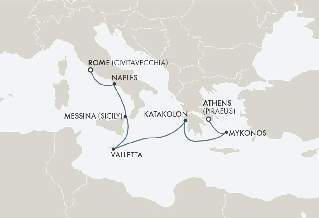 Route map for 8D7N Athens (Piraeus) – Rome (MAJESTIC MEDITERRANEAN)