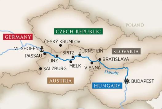 Route map for 8D7N Budapest-Vilsofen (MELODIES OF THE DANUBE)