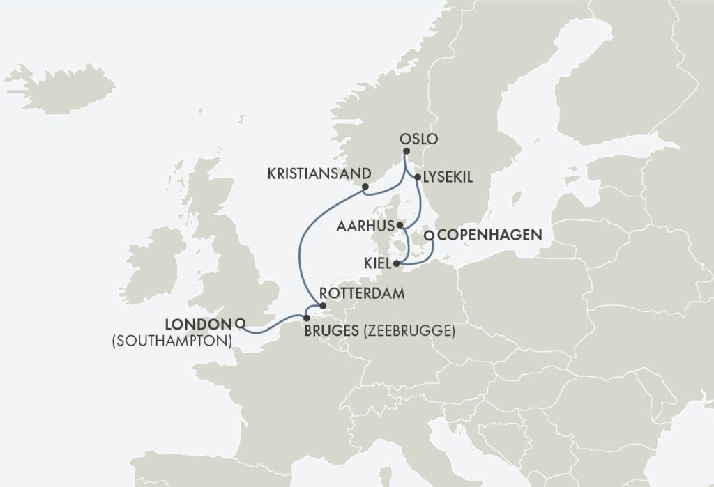 Route map for 11D10N London (Southampton) – Copenhagen (GRAND CASTLES, MODERN MARVELS)