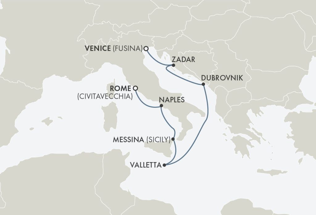 Route map for 8D7N Rome (Civitavecchia) – Venice (Fusina) (SPOTLIGHT ON SPARKLING WINES)