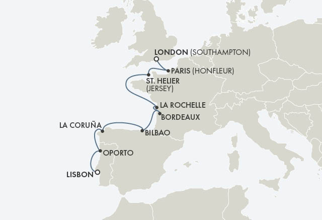 Route map for 12D11N Lisbon – London (Southampton) (LA BELLE EPOQUE EXPERIENCE)