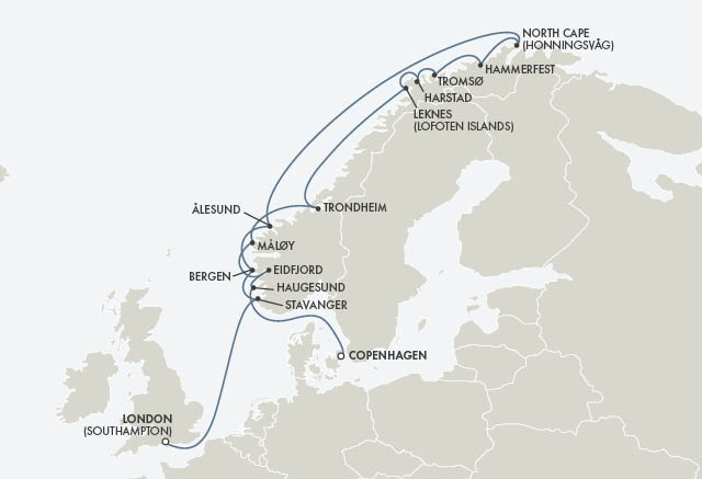 Route map for 19D18N Copenhagen – London (Southampton) (ULTIMATE NORWEGIAN ODYSSEY)
