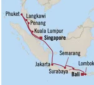 Route map for 15D14N Singapore – Bali (Indochina to Bali Seafarer)