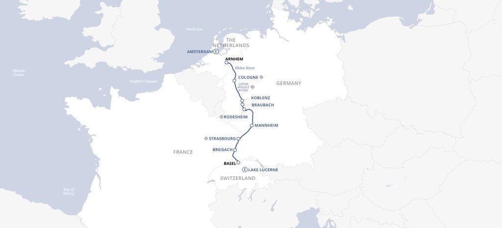 Route map for Uniworld: 8D7N Castles along the Rhine (Basel to Arnhem)
