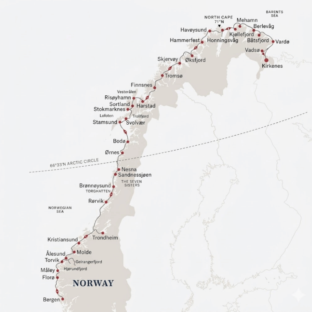 Route map for 12D11N : The Original Coastal Express Roundtrip – Summer Departure