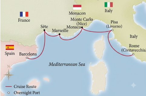 Route map for 10D8N Classic Western Mediterranean Cruise