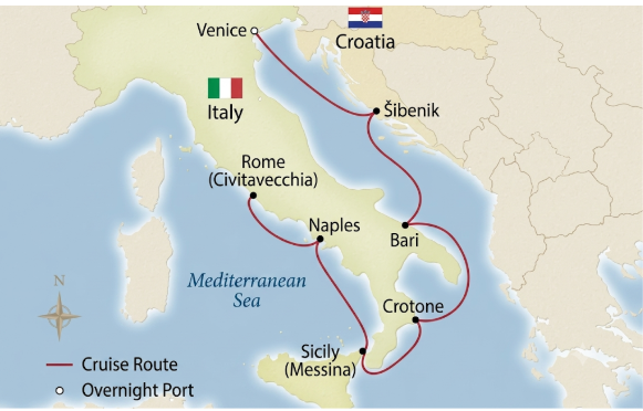 Route map for 10D8N Italy Art & Culture Journey (A)