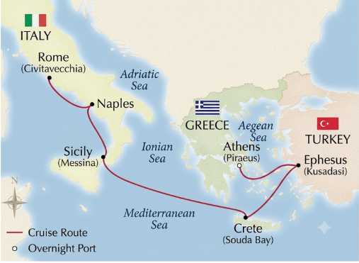 Route map for 9D7N Jewels of Italy & the Eastern Mediterranean