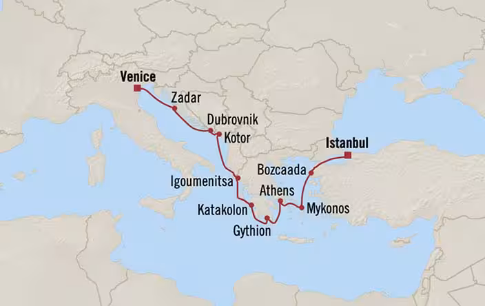 Route map for 11D10N Istanbul – Venice (Aegean & Adriatic Passage)