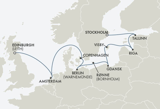 Route map for 13D11N Edinburgh (Leith) – Stockholm (CLIFFS, CASTLES & CULTURE)