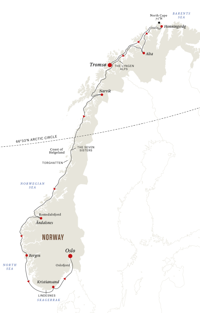 Route map for 9D7N : The North Cape Line – Southbound