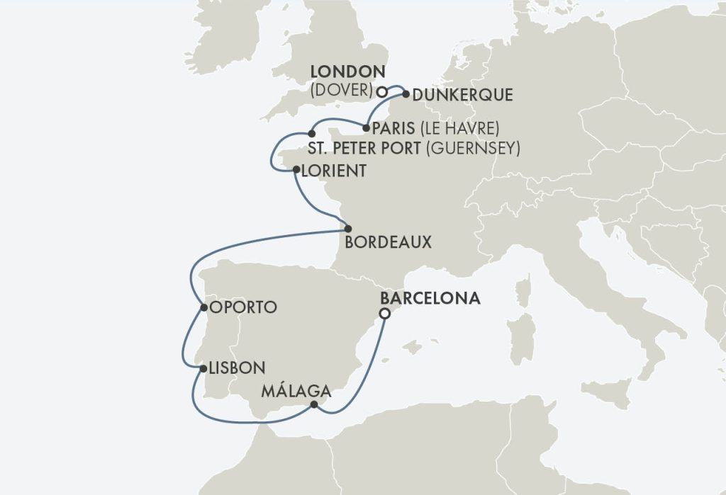 Route map for 15D14N Paris (Le Havre) – London (Dover) (LANDMARKS OF LISBON & LORIENT)