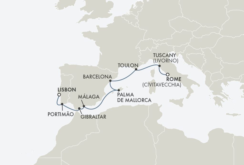Route map for Regent Seven Seas: 11D10N Rome (Civitavecchia) – Lisbon (TUSCAN SUMMER)