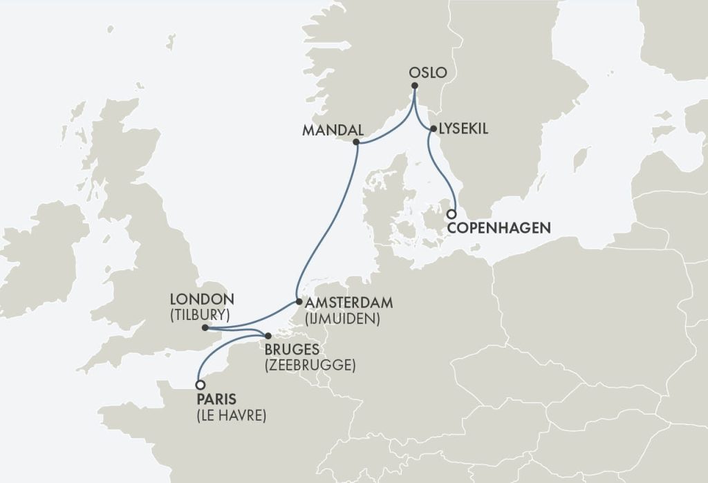 Route map for 9D8N Copenhagen (Southampton) – Paris (Le Havre) (SCENIC SEAWAYS & THE SEINE)