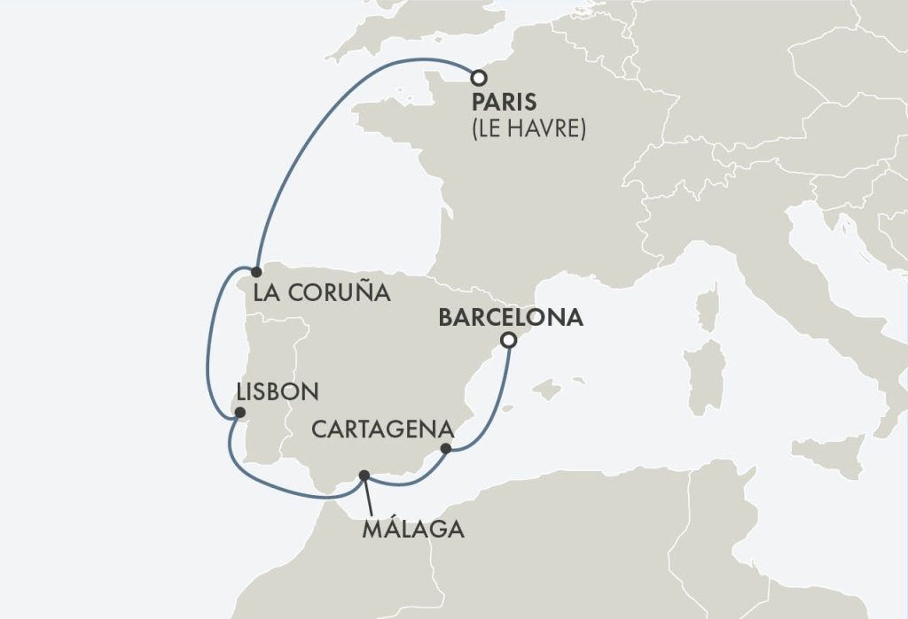 Route map for 10D9N Paris (Le Havre) – Barcelona (ICONS OF IBERIA)